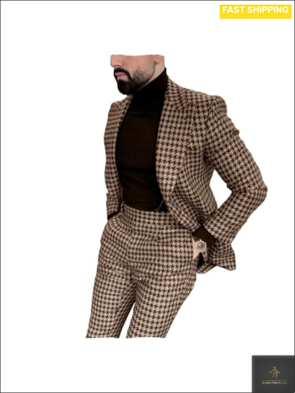 Men's Houndstooth Tweed Suit Set Slim Fit Wedding Prom Formal 2 Piece